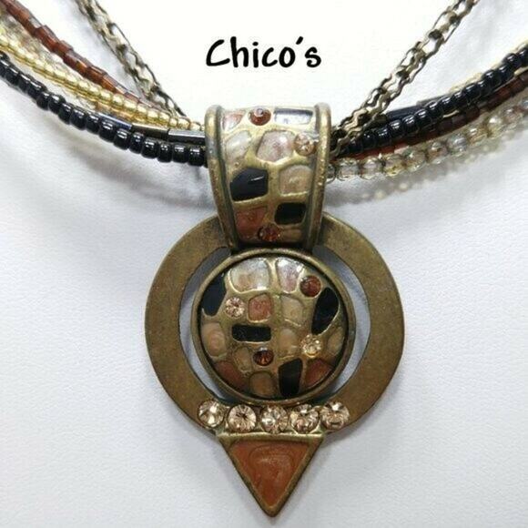 Chico’s Multi Strand Seed Bead Necklace Enamel Rhinestone Pendant Bronze Tone - Picture 2 of 12